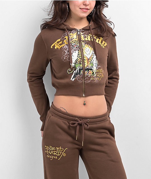 Ed Hardy Tiger Mountain Cocoa Crop Zip Hoodie | Zumiez