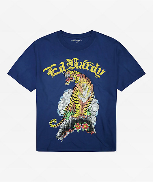Ed Hardy Tiger Mountain Sunfade Navy Boxy T-Shirt | Zumiez