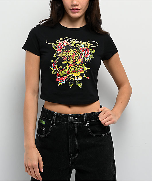 Ed Hardy 花柄 Tシャツ ブラック　フェアリーグランジ　y2k Ed Hardy Tiger Rose Black Crop T-Shirt | Zumiez