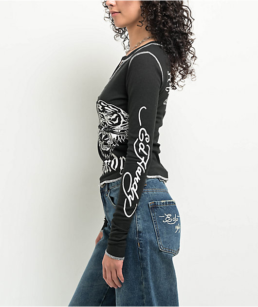 Ed Hardy Tiger Rose Black Thermal Long Sleeve Notched T-Shirt | Zumiez