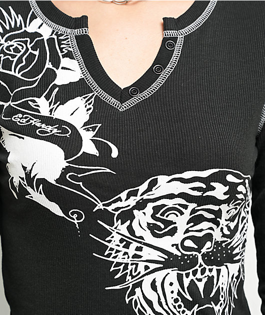 Ed Hardy Tiger Rose Black Thermal Long Sleeve Notched T-Shirt | Zumiez
