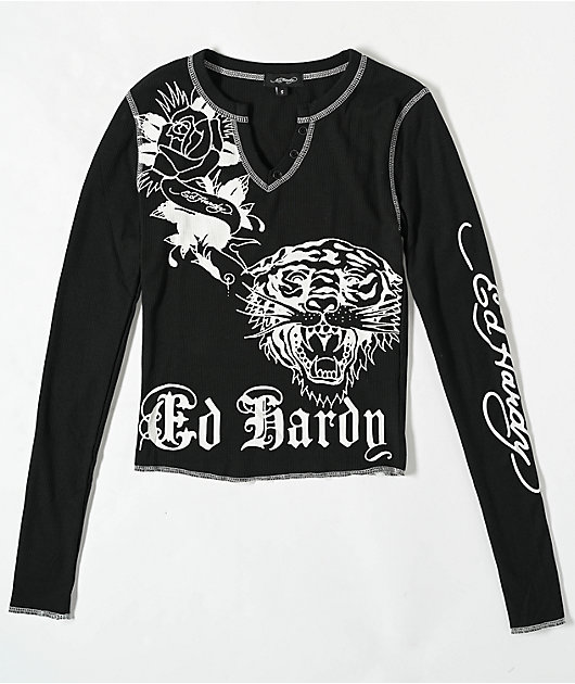 Ed Hardy Tiger Rose Black Thermal Long Sleeve Notched T-Shirt | Zumiez