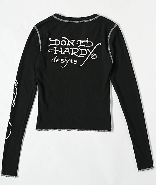 Ed Hardy Tiger Rose Black Thermal Long Sleeve Notched T-Shirt | Zumiez