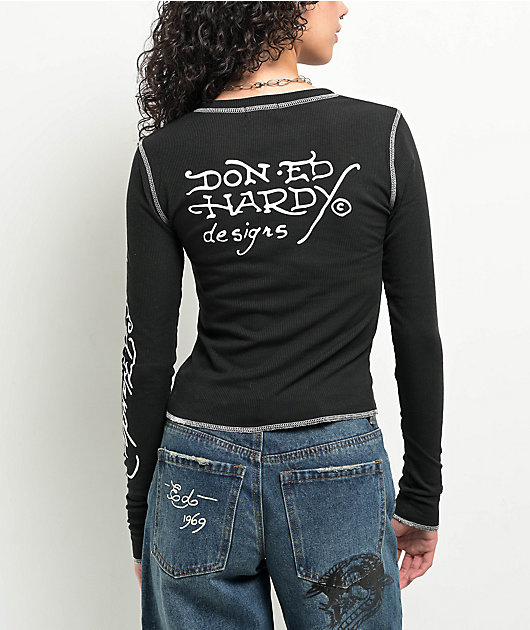 Ed Hardy Tiger Rose Black Thermal Long Sleeve Notched T-Shirt | Zumiez