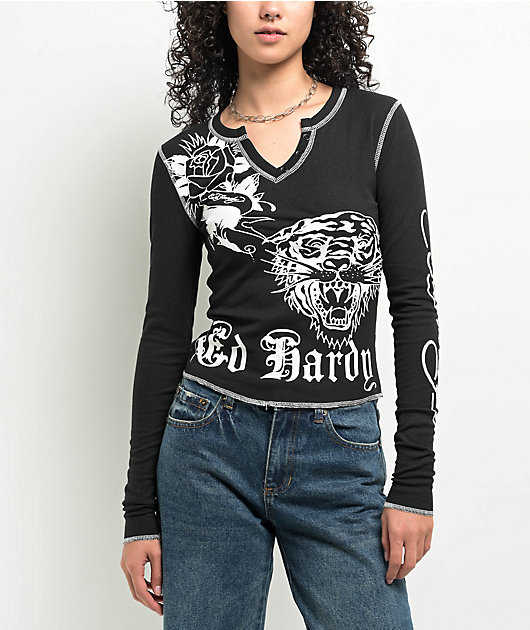 Ed Hardy Tiger Rose Black Thermal Long Sleeve Notched T-Shirt | Zumiez