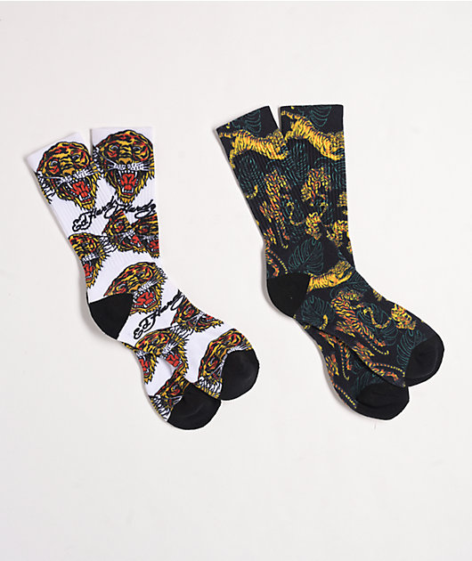 Ed Hardy Tiger White & Black 2-Pack Crew Socks | Zumiez