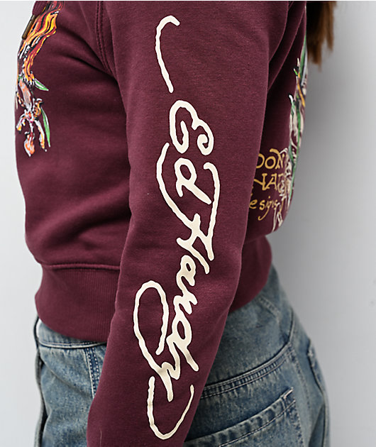 Ed Hardy Tigers Fig Burgundy Boxy Crop Zip Hoodie | Zumiez