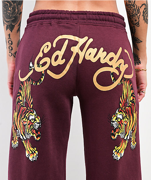 Ed Hardy Tigers Fig Red Wide Leg Sweatpants