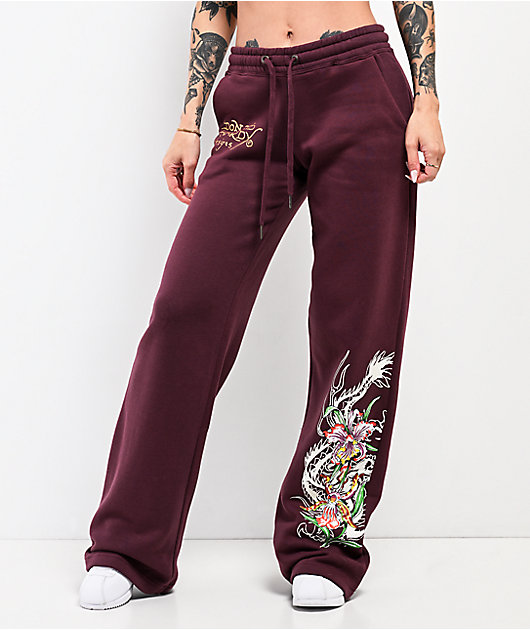 Ed Hardy Tigers Fig Red Wide Leg Sweatpants