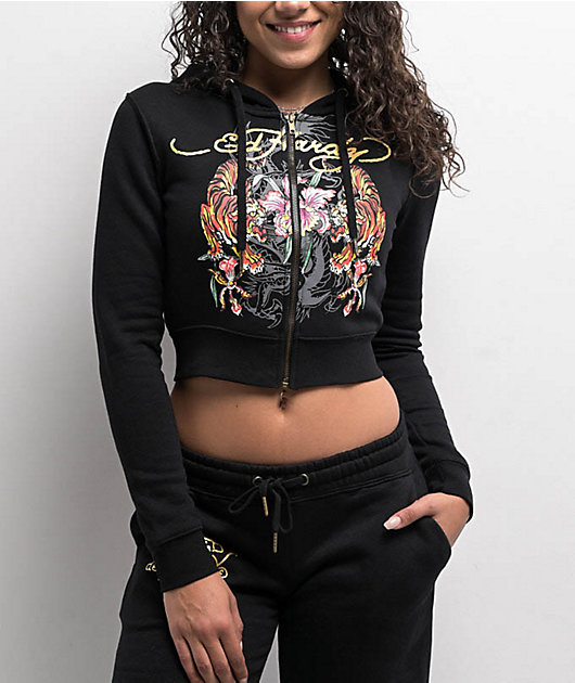 Ed Hardy Tigers Orchid Black Crop Zip Hoodie | Zumiez