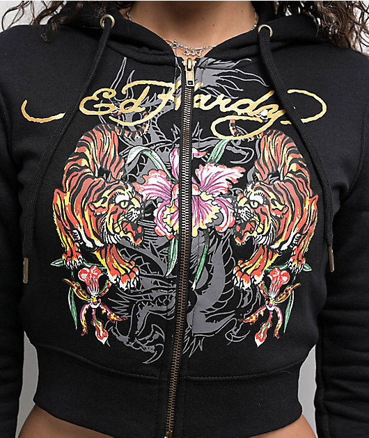 Ed Hardy Tigers Orchid Black Crop Zip Hoodie