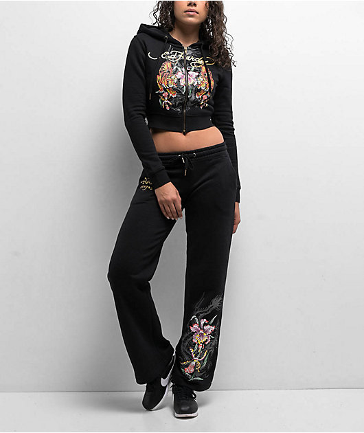 Ed Hardy Y2k Tracksuit Set Croped Zip Up Hoodie And
