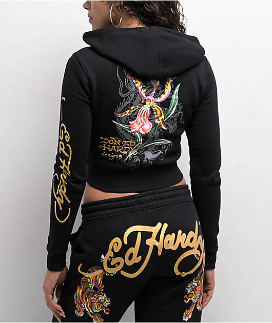 Ed Hardy Tigers Orchid Black Crop Zip Hoodie