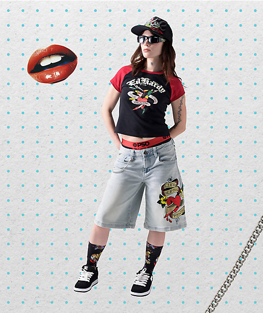 Ed Hardy True Eagle Raglan Black & Red Crop T-Shirt