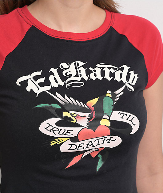 Ed Hardy True Eagle Raglan Black & Red Crop T-Shirt | Zumiez