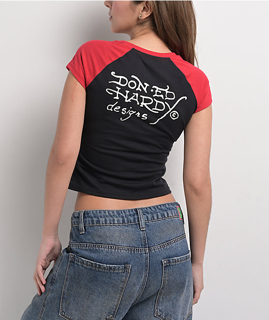 Ed Hardy True Eagle Raglan Black & Red Crop T-Shirt | Zumiez