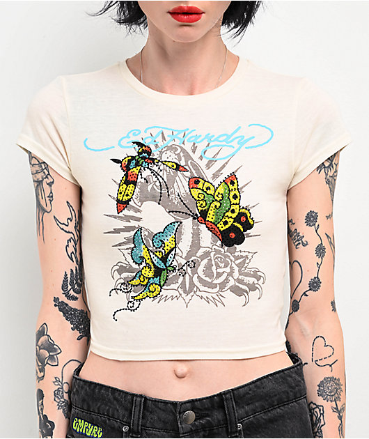 Ed Hardy Y2K Sequin Eagle Peace Love outlets Tattoo Double Sided Cream Longline Sweater