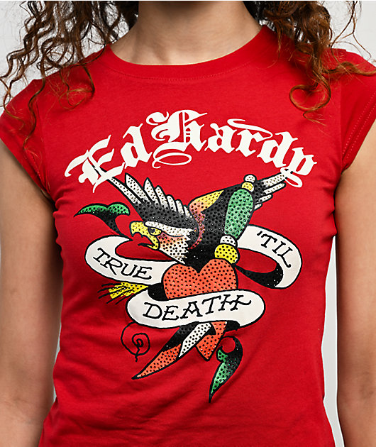Ed Hardy True Eagle Rhinestone Red Cap Sleeve T-Shirt | Zumiez