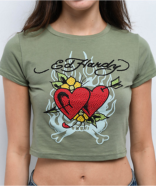 Ed Hardy Two Hearts Rhinestone Olive Crop T-Shirt | Zumiez