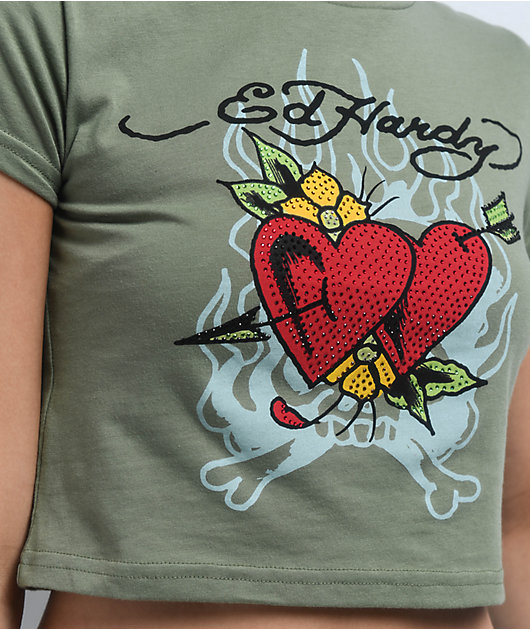 Ed Hardy Two Hearts Rhinestone Olive Crop T-Shirt | Zumiez