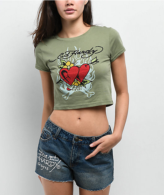 Ed Hardy Two Hearts Rhinestone Olive Crop T-Shirt | Zumiez