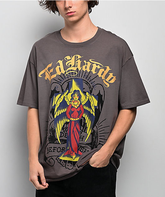 Ed Hardy Wing Skull Sunfade Grey T-Shirt | Zumiez