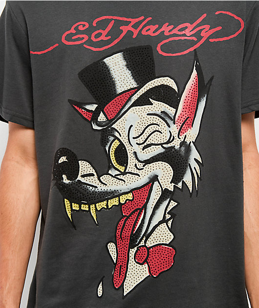 Ed Hardy Wolf Head Rhinestone Charcoal T-Shirt