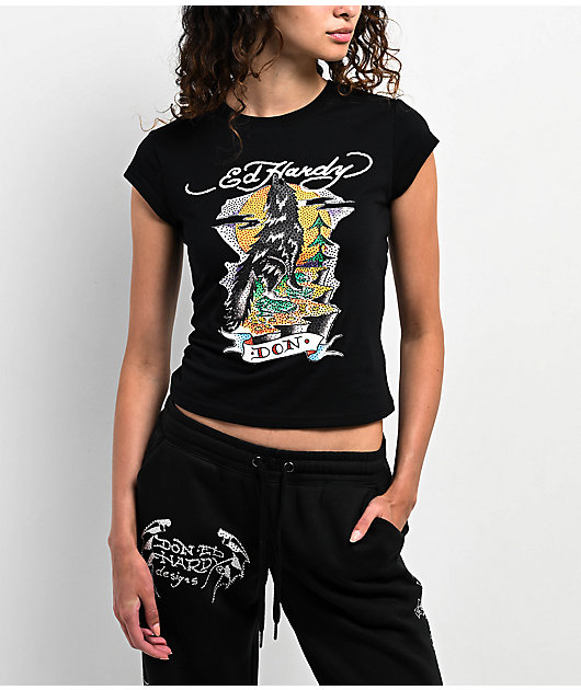 Ed Hardy Wolf Rhinestone Black Cap Sleeve T-Shirt | Zumiez