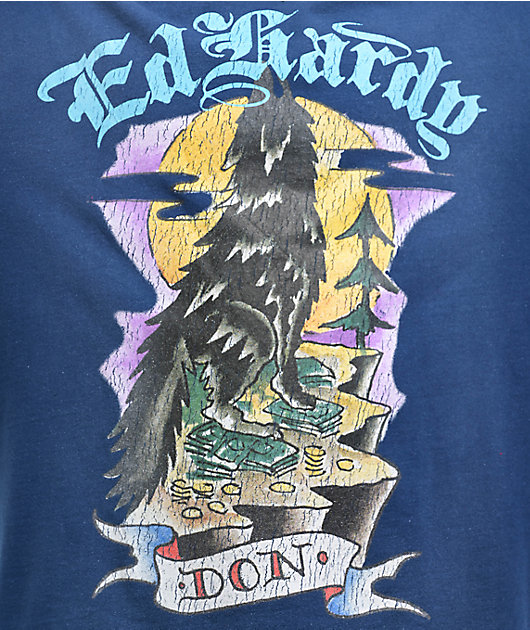 Ed Hardy Wolf Sunfade Navy T-Shirt | Zumiez