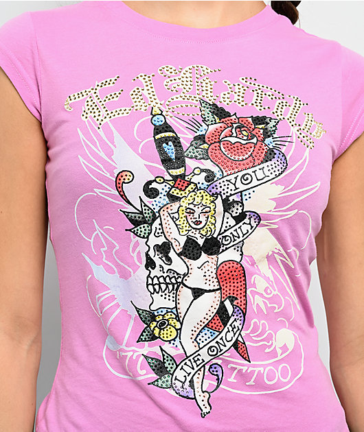 Ed Hardy YOLO Girl Rhinestone Pink Cap Sleeve T-Shirt | Zumiez