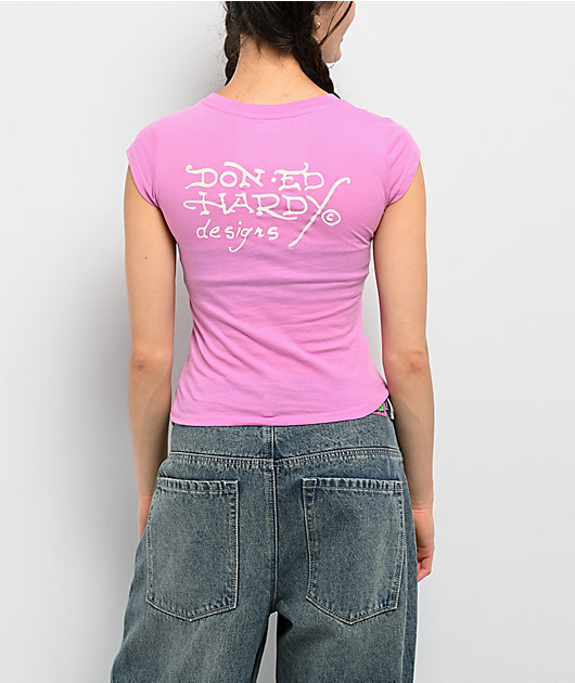 Ed Hardy YOLO Girl Rhinestone Pink Cap Sleeve T-Shirt