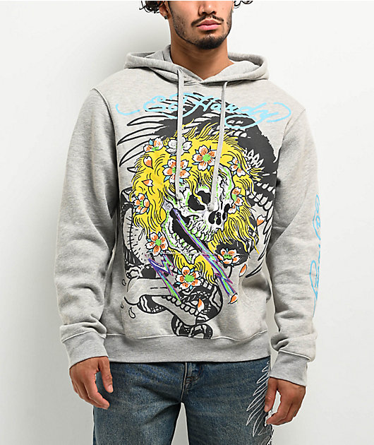 Ed Hardy グレー パーカー L LKS Skull Zip Front Hoodie - Heather Grey