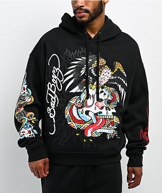 Ed Hardy x $AD BOYZ by Junior H Eagle Skull Black Hoodie | Zumiez