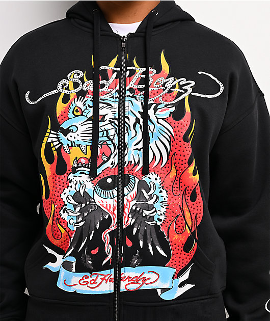 Ed Hardy x $AD BOYZ by Junior H Tiger Flame Black Zip Hoodie | Zumiez