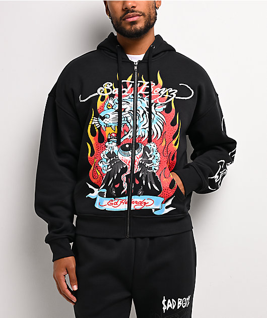 Ed Hardy x $AD BOYZ by Junior H Tiger Flame Black Zip Hoodie | Zumiez