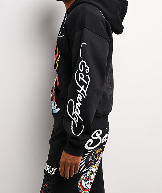 Ed Hardy x $AD BOYZ by Junior H Tiger Flame Black Zip Hoodie