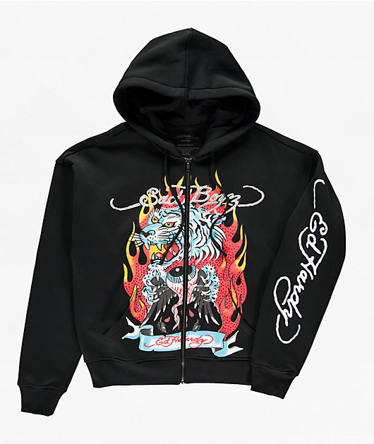 Ed Hardy x $AD BOYZ by Junior H Tiger Flame Black Zip Hoodie