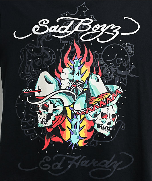 Ed Hardy x $AD BOYZ by Junior H Western Rhinestone Black T-Shirt