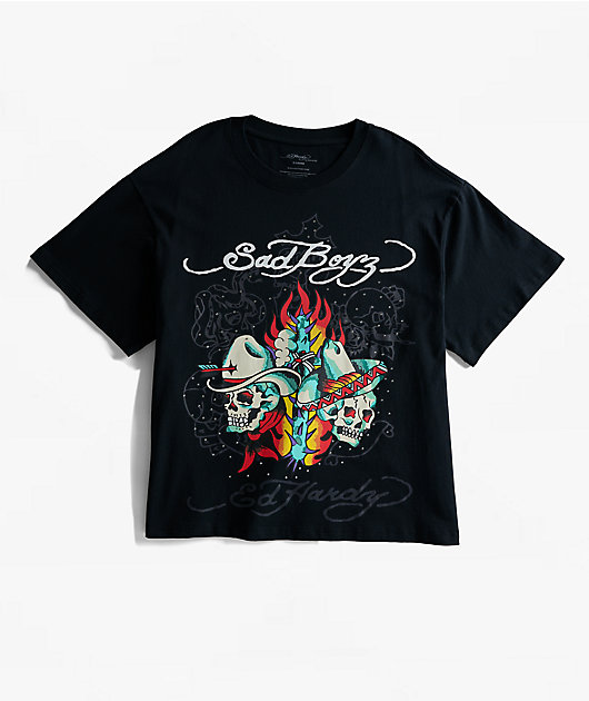 Ed Hardy x $AD BOYZ by Junior H Western Rhinestone Black T-Shirt
