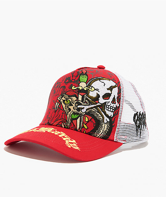 Ed Hardy x Broken Promises Blood Ties Red & White Trucker Hat | Zumiez