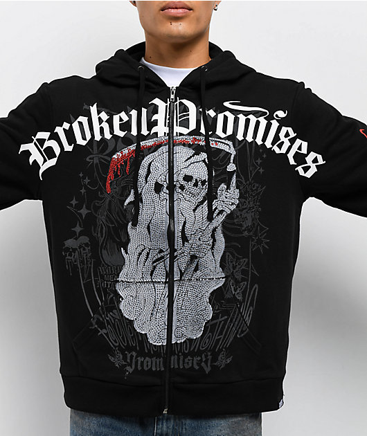 Ed Hardy x Broken Promises Deaths Shadow Rhinestone Black Zip Hoodie