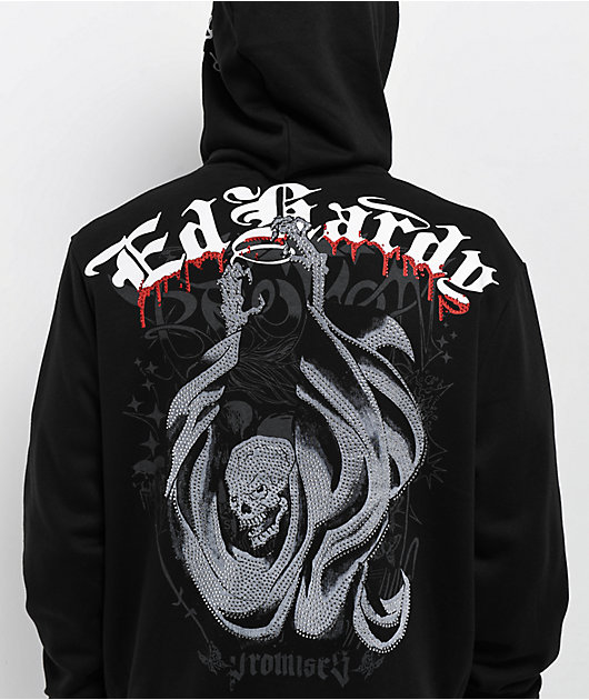 ★関税込み【Ed Hardy+Broken Promises】ラインストーンフーディ Ed Hardy x Broken Promises Deaths Shadow Rhinestone Black