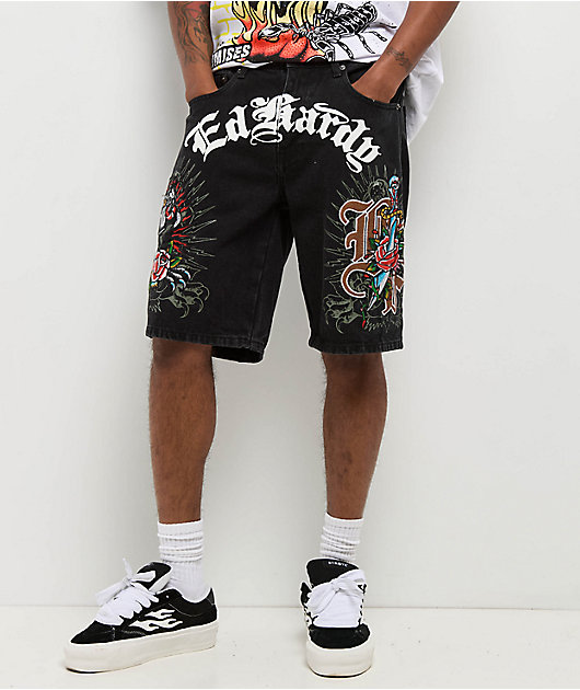 Ed Hardy x Broken Promises Love Scars Black Denim Shorts | Zumiez
