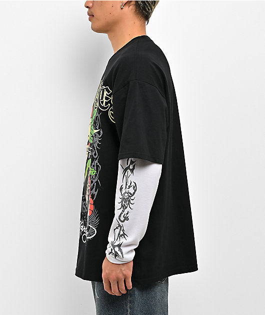 Ed Hardy x Broken Promises Up In Smoke Black & White 2fer Long Sleeve T-Shirt