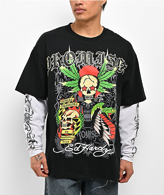 Ed Hardy x Broken Promises Up In Smoke Black & White 2fer Long
