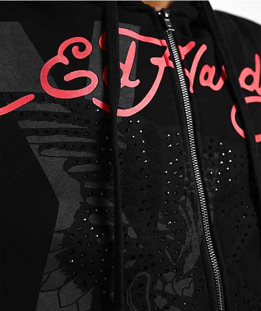Ed Hardy x EST 19XX Flames Rhinestone Black Zip Hoodie | Zumiez