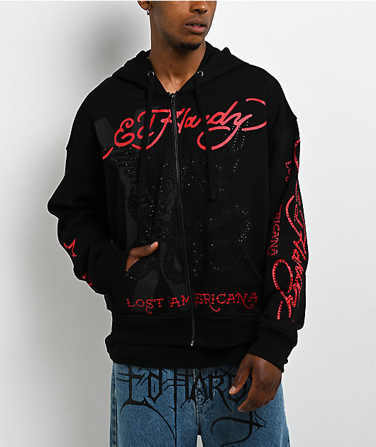 Ed Hardy x EST 19XX Flames Rhinestone Black Zip Hoodie | Zumiez