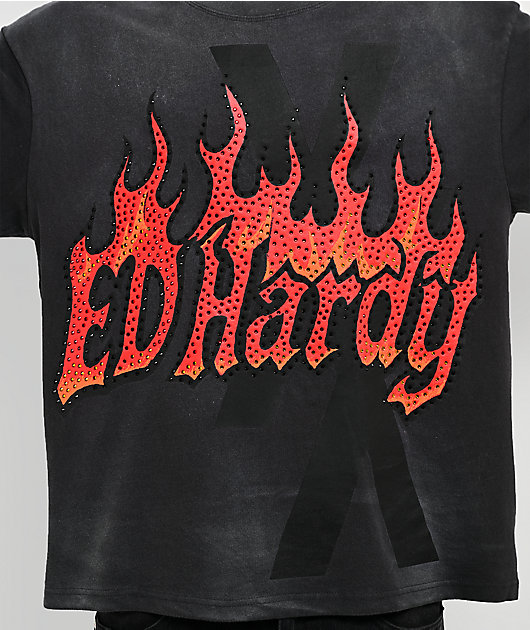 Ed Hardy x EST 19XX Rhinestone Flames Vintage Black T-Shirt
