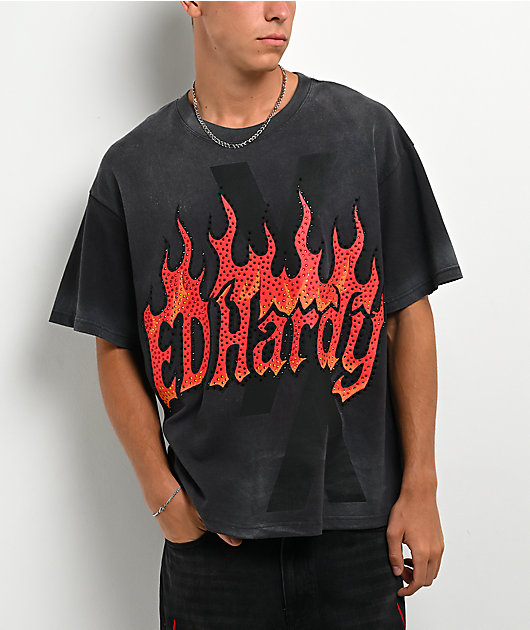 Ed Hardy x EST 19XX Rhinestone Flames Vintage Black T-Shirt