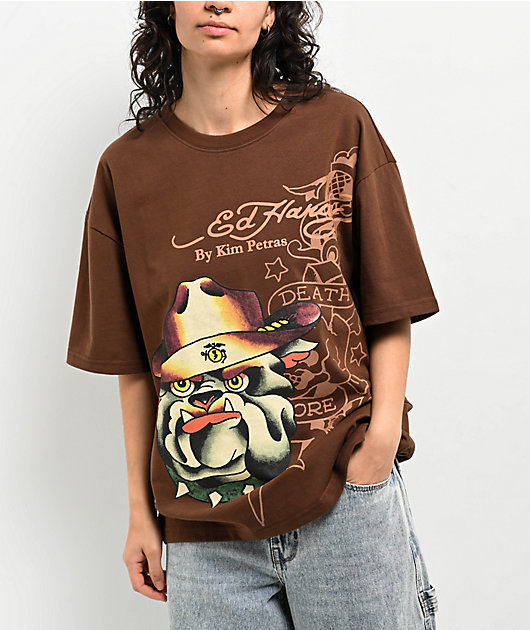Ed Hardy x Kim Petras Bulldog Brown Boxy T-Shirt | Zumiez